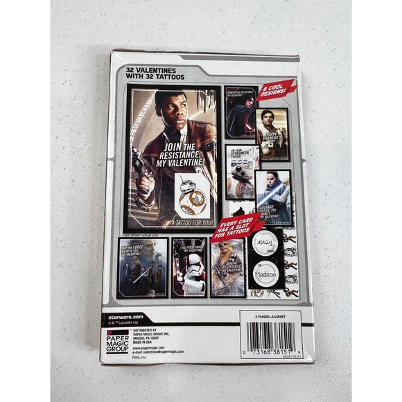 Paper Magic Group Disney Star Wars The Last Jedi Finn 32 Valentines Tattoo Cards - Picture 2 of 4